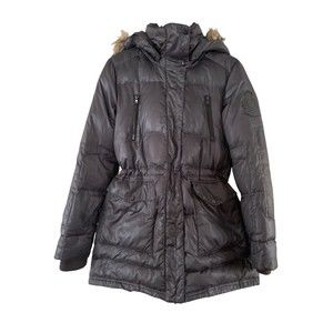 Lauren Ralph Lauren Women Gray Down Parka  Puffer Winter Coat Faux Fur Hood Med